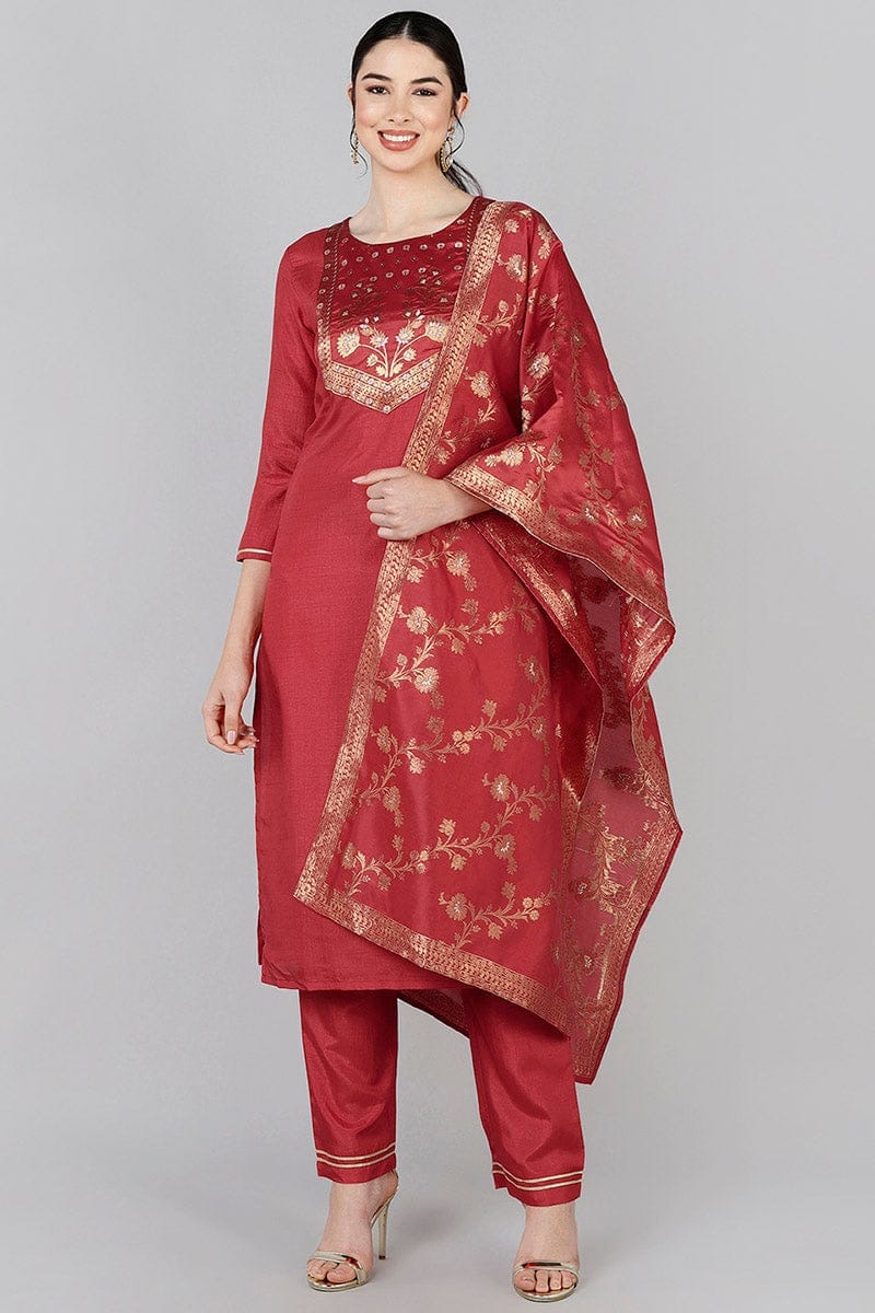 AHIKA Women Red Yoke Design Kurta Trousers With Dupatta PKSKD1379