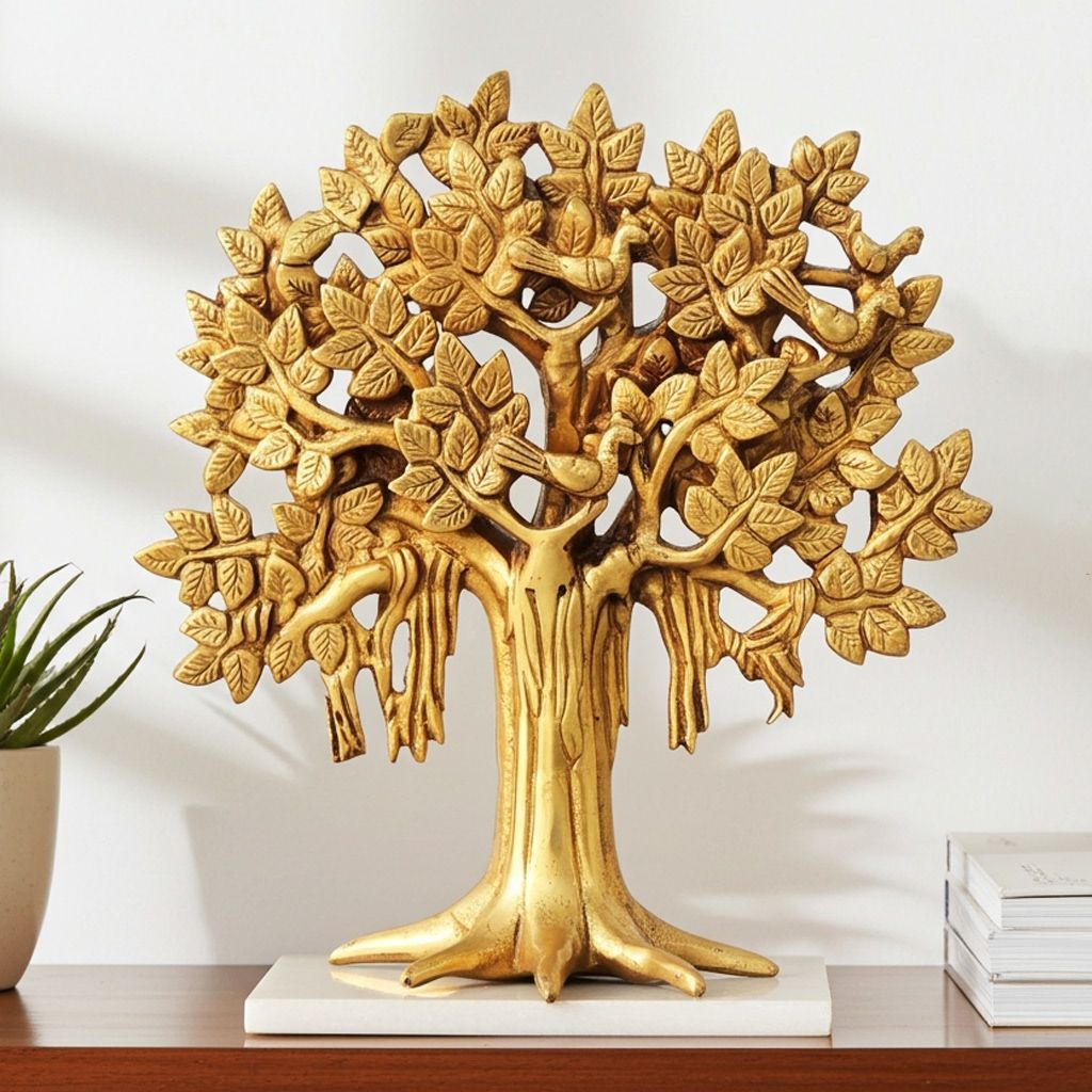 Brass Kalpavriksha Tree Table Decor - Wish-Granting Tree Statue, Height : 8.2 Inch (BSMAS1427 C)