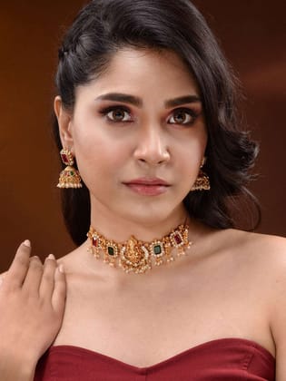 Gold Plated Green & Red stone studded Handcrafted Exquisite Design Lakshmi ji Temple Jewellery Set