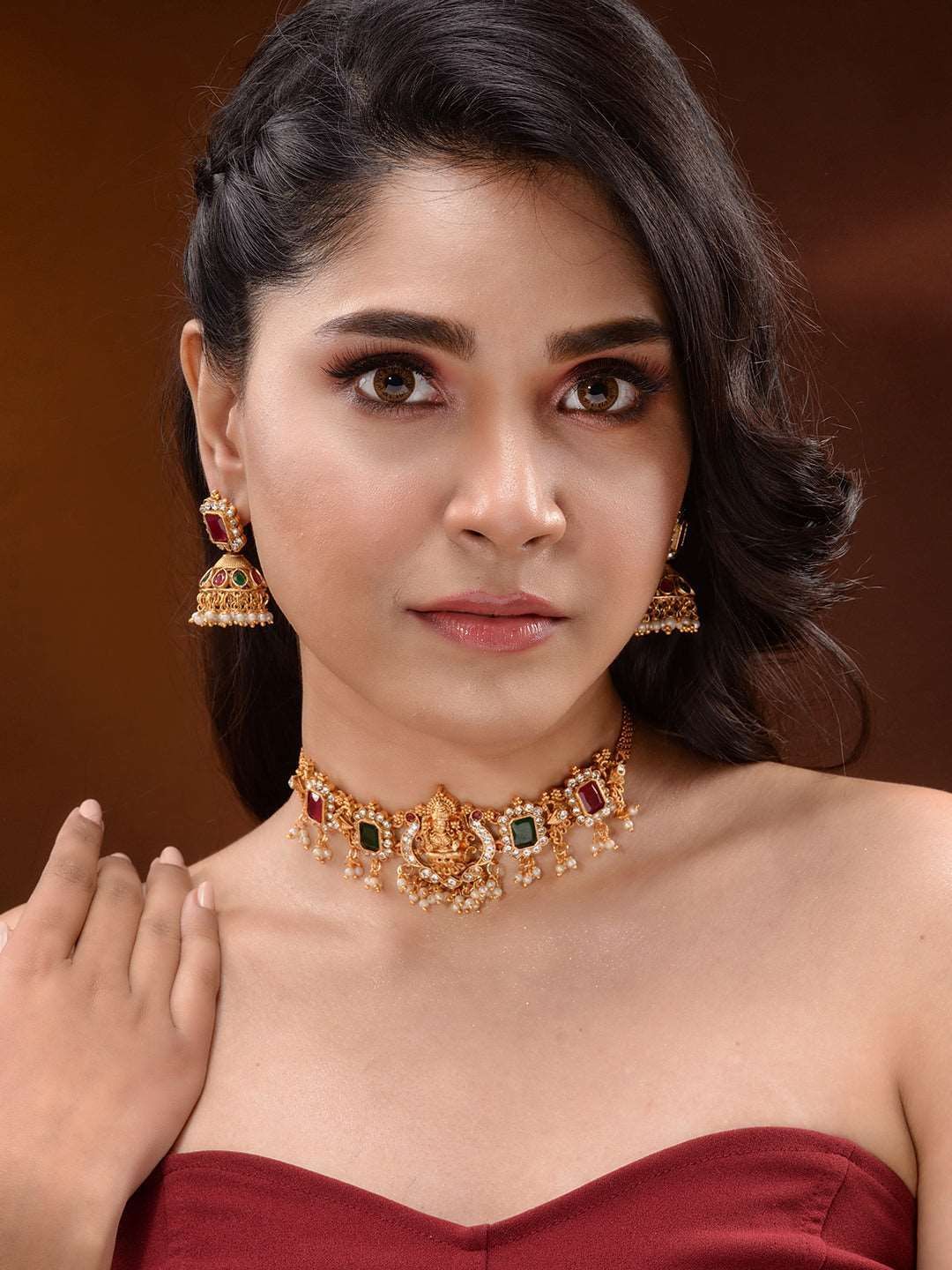 Gold Plated Green & Red stone studded Handcrafted Exquisite Design Lakshmi ji Temple Jewellery Set