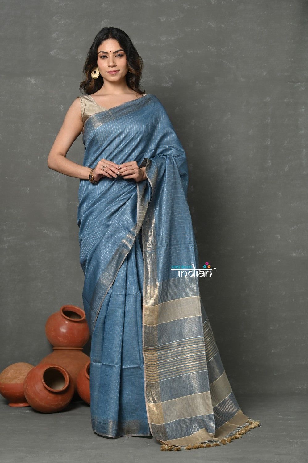 Tyohaar ~ Exclusive! Cotton By Silk Handloom Saree By Khadigram Certified Weavers - Sapphire Blue