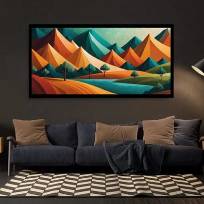 Luminary Peaceful Mountain Scenery – Calm Nature Landscape Artwork Canvas Painting | Frame Size (127 X 69 Cm) | Frame Type (Black) | 5-Year Warranty