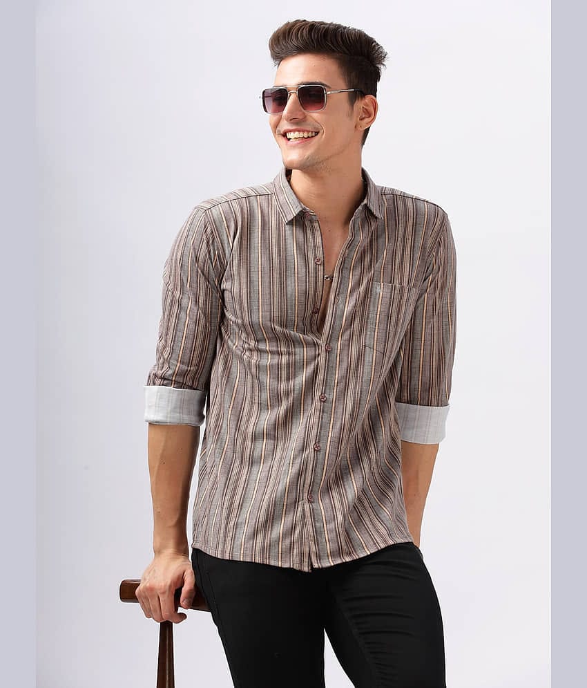 BULLMER Trendy Regular Fit Striped Causal Full Sleeve Shirt for Men_Brown2