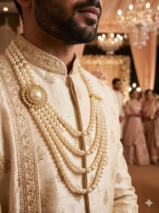 classic 5-tired groom white moti pearl necklace featuring big side brooch