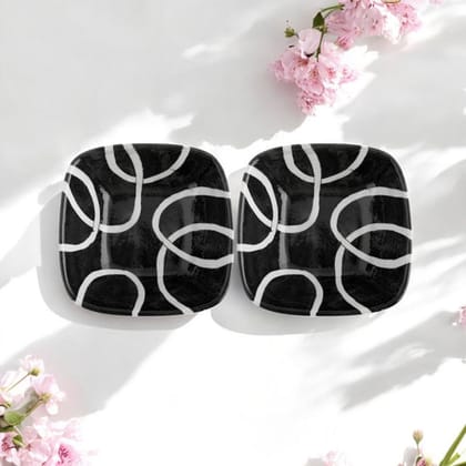 Set of 2 Geometric Pattern Blue Pottery BowlsBlack and White4
