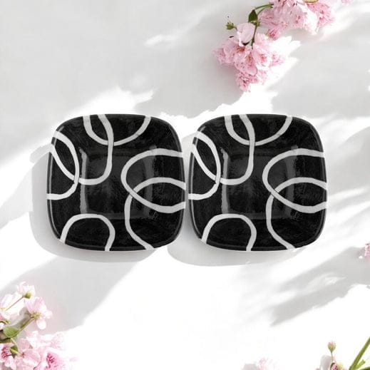 Set of 2 Geometric Pattern Blue Pottery BowlsBlack and White4