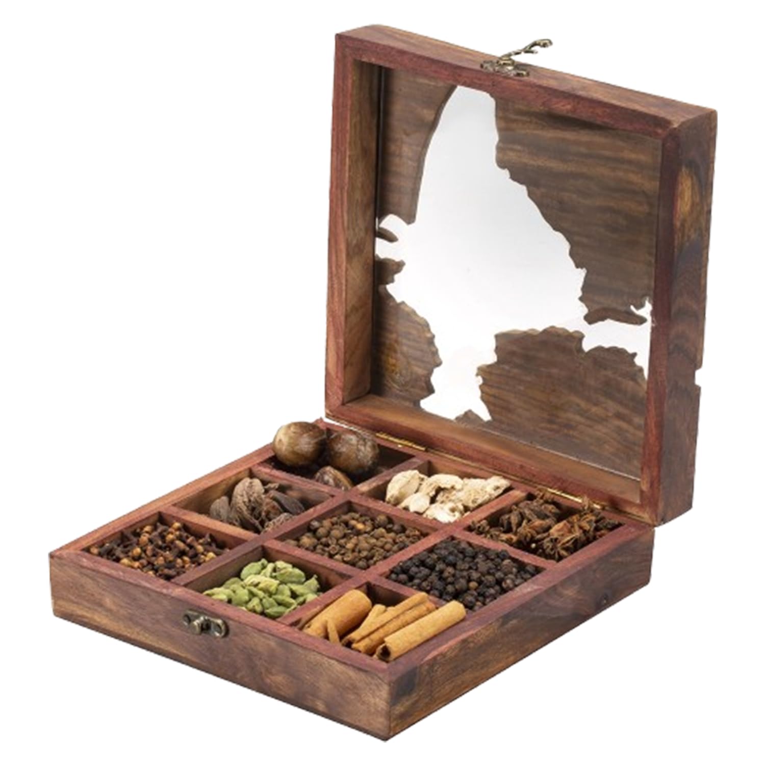 Keralaspicesonline Wooden Spices Box Whole Spices Filled In A Sheesham Wood Spice Box With Spoon | Indian Masala With Wooden Box-(9 Detachable Box) | Gift Hamper Pack