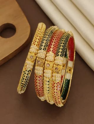 Exquisite Gold-Plated Traditional 4 Pieceof Bangles with Meena Work