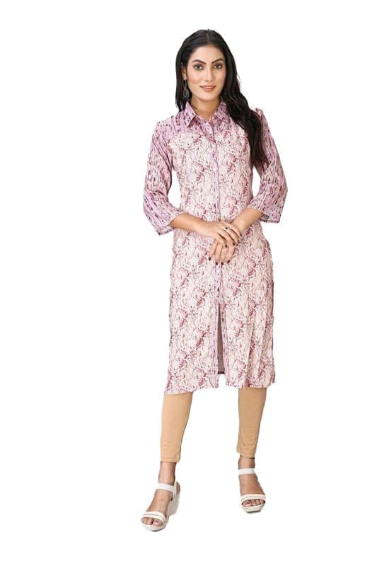 Women's Casual 3/4 Sleeve Viscose Rayon Printed Kurti (Pink, M)-PID46417