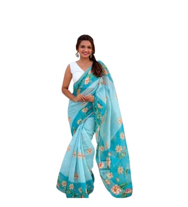 DARSHANS Women's Linen Printed Saree With Unstitched Blouse 5.5Mtr (Aqua)-PID65204