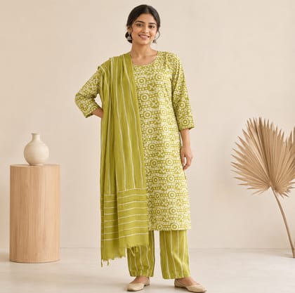 Handcrafted Batik Print Cotton Readymade 3-Piece Suit Set
