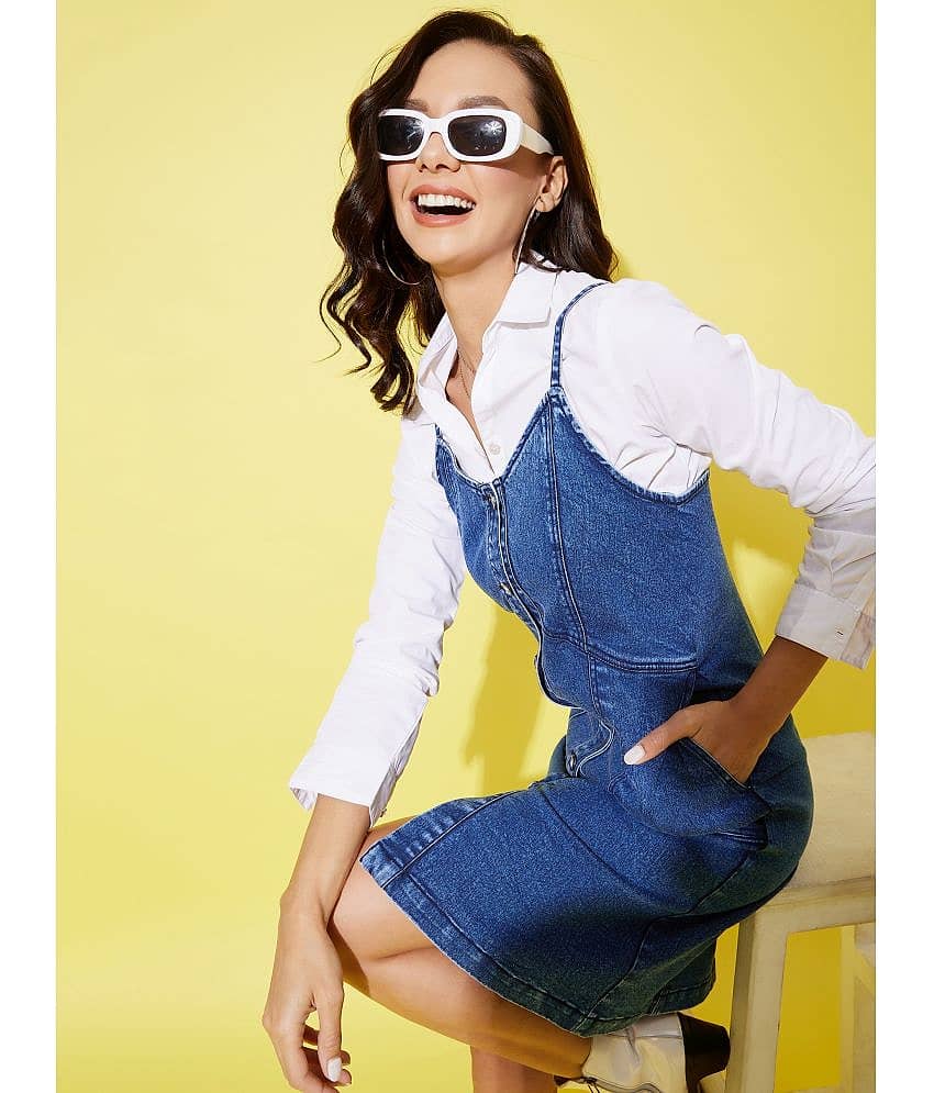 StyleStone Women Denim Self Design Shift Dress ( Navy )