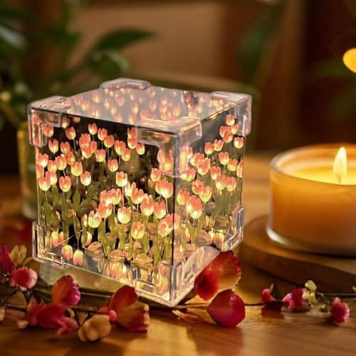 PANCA DIY - Do It Yourself - Tulip Cube Mirror Lamp, 30 Flowers LED Decorative Lamp, 2 in 1 Mirror & Table