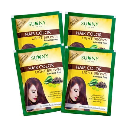 Sunny Herbals Light Brown Hair Color | Rich & Natural Light Brown Shade | No Ammonia | Long-Lasting Color | Covers Grey Effectively | With Henna, Amla & Bhringraj | Soft & Shiny Hair | Unisex, Pack of 4 Sunny Herbals Light Brown Hair Color | Rich & Natur