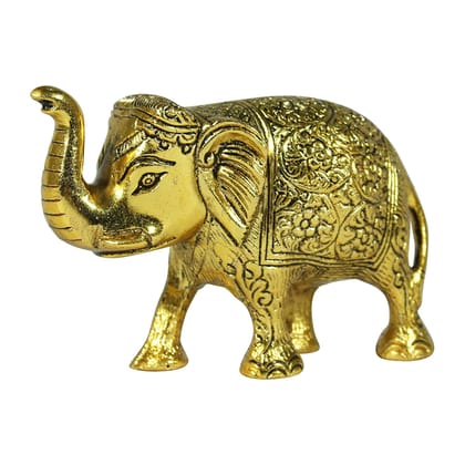 DreamKraft White Metal Elephant Trunk Up Animal Statue Figurine Showpiece (Golden- 11 x 17.5 x 18.5 cm)