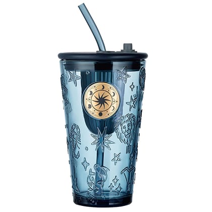 Constellation Glass Tumbler with Lid and Straw | Reusable Cola Cup for Fruit Juice | Iced Coffee Cocktail Mug | Tumbler forJuice,Tea for Home, Office & Travel (450 ml,Pack of1,Dark Blue)
