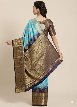 Elegant Blue Banarasi Silk Saree with Golden Zari Work