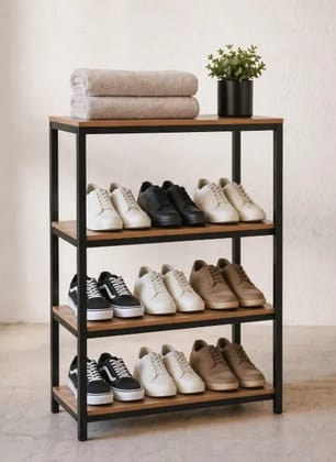 Four shelfs Modern Metal & Wood Storage Rack for shoes,Towel,small product for daily use home Black powder coated with plywood shelfs height 3 feet and width 27.inch and depth 12inch