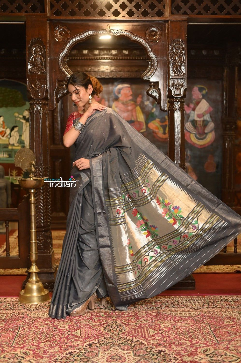 Authentic Handloom Pure Cotton Paithani with  Handcrafted Asawali Pallu~ Grey Golden