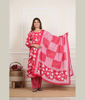 Yash Gallery Cotton Printed Kurti With Pants Women's Stitched Salwar Suit - Red ( Pack of 1 )