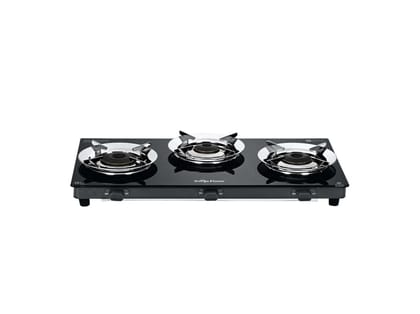 Surya Flame Green 3 Burner Gas Stove, BEE 4-Star Rating, 74% Efficiency, 1 Jumbo Burner, SS Pan Support, Manual Ignition - Black