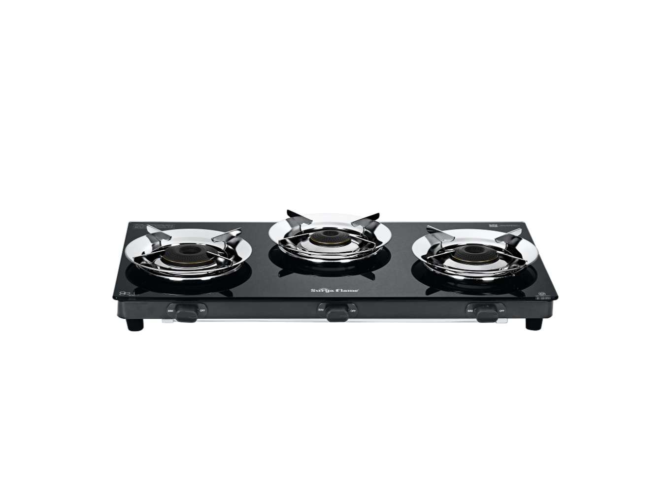 Surya Flame Green 3 Burner Gas Stove, BEE 4-Star Rating, 74% Efficiency, 1 Jumbo Burner, SS Pan Support, Manual Ignition - Black