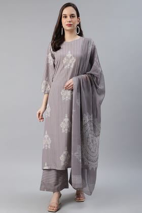 Ahika Women Poly Crepe Taupe Ethnic Motifs Printed Straight Kurta Palazzo Dupatta Set PKSKD1013