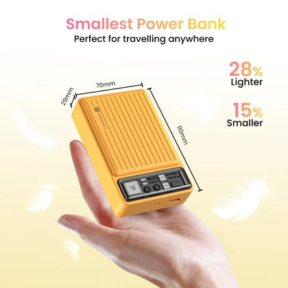 Portronics Luxcell Mini 20K Advanced 20000mAh Nano Power Bank with 22.5W Fast Charging | USB-A & Type-C PD Dual Output | LED Battery Indicator | Type-C Input | Wake-Up Button | Portable Power Bank for iPhone, Android & Tablets (Yellow)
