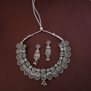 Elegant  Stylish Oxidized Silver Tone Necklace and Earrings Set  Brass Alloy Necklace with Earrings for Women (Set of