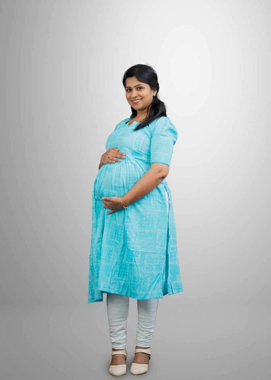 Cyan colour square print rayon kurti with slit and pocket - Full Sleeve