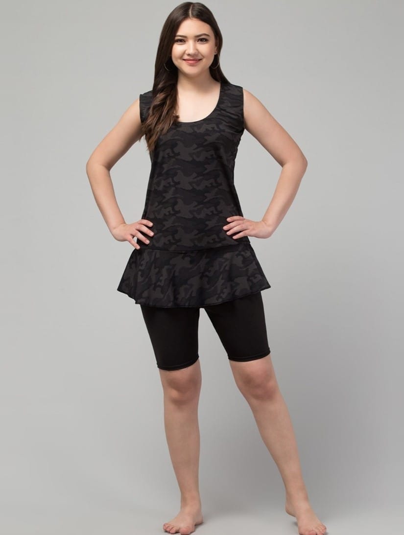 Womens Polyester Spandex Printed Slip On Round Neck Swimsuit Set Size 2XL (Black)