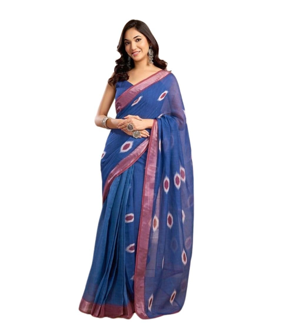 Women's Faux Linen Printed Ready to wear Saree With Unstitched Blouse 5.5Mtr (Blue)-PID65910