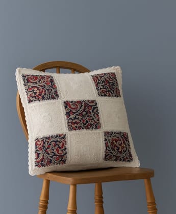 Alangrahaa Handmade Crochet Patchwork Cushion Cover | Square Embroidered Cotton Pillow Cover with Floral Print & Lace Design | Decorative Sofa | Bed & Living Room D�cor  16x16 Inch