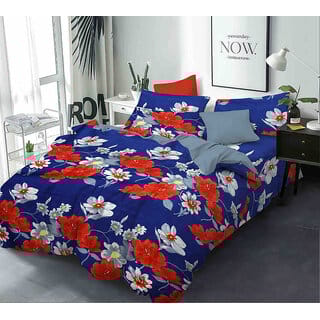 BLACK BEE  Blue bedsheet with red and grey flower printdouble bedsheet with 2 Pillow Covers (208 X 213 cm)(BS-07)