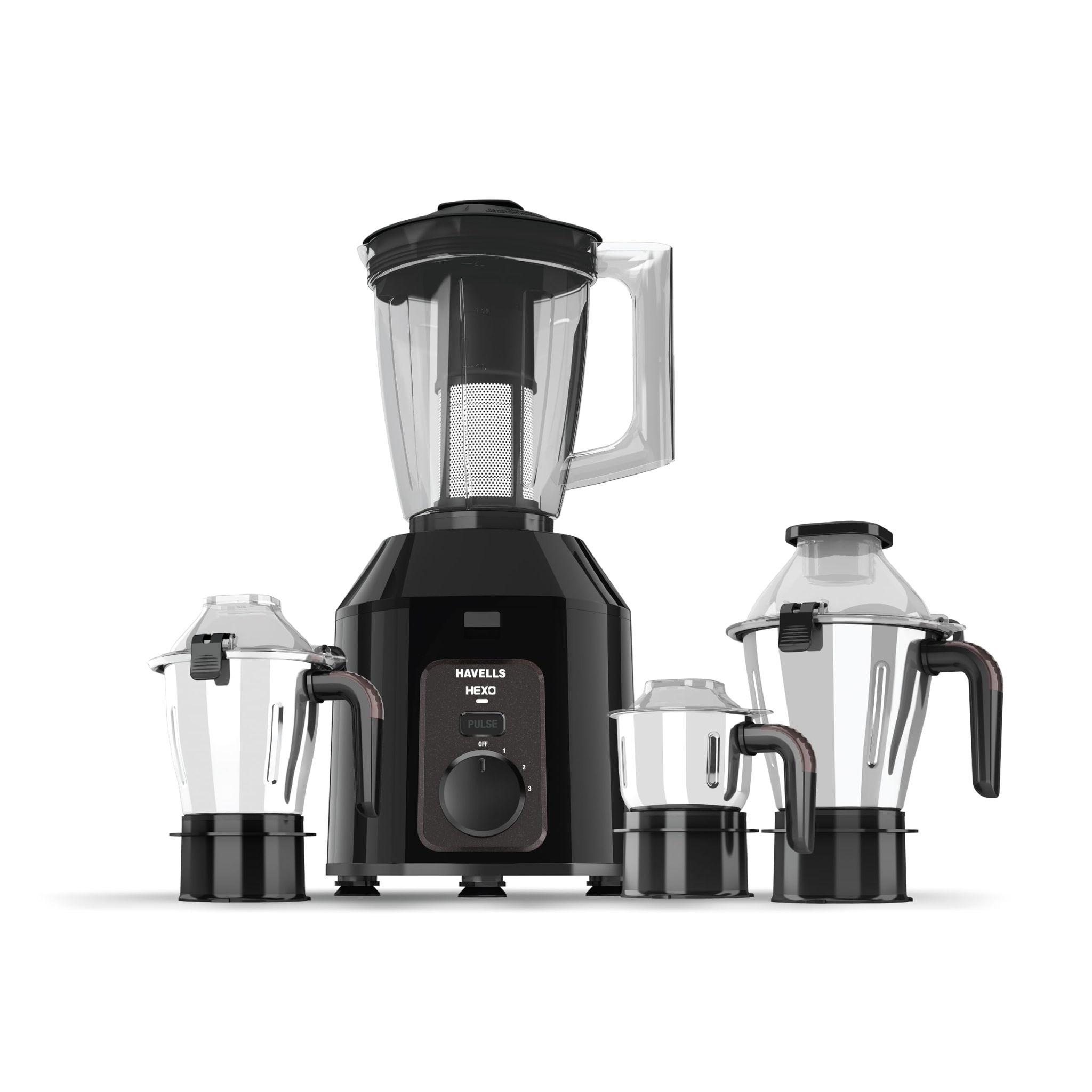 Havells Hexo Plus 1100 Watt Mixer Grinder | 3 Stainless Steel Jars with Handle | 22000 RPM High-Speed Motor | 100 Min Continuous Runtime | Metal Jar Base | 5 Year Motor Warranty (Black) Havells Hexo Plus 1100 Watt Mixer Grinder | 3 Stainless Steel Jars w
