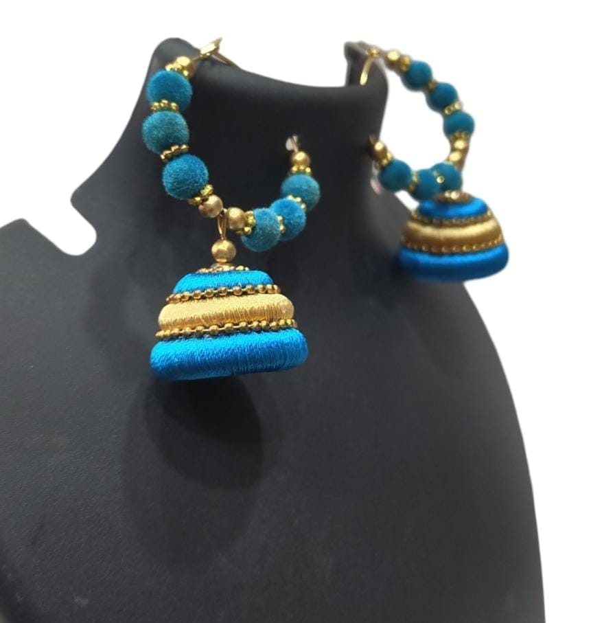Blue Silk Thread Jhumka Earrings with Golden Beads