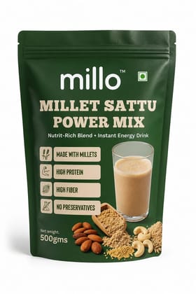 Millo Millet Sattu Power Mix 500g | High Protein & High Fiber Health Drink | Natural Energy Booster | No Added Sugar & Preservatives | Odisha Sourced Millets | Instant Nutrition Drink Mix Millo Millet Sattu Power Mix 500g | High Protein & High Fiber Health Drink | Natural Energy Booster | No Added Sugar & Preservatives | Odisha Sourced Millets | Instant Nutrition Drink Mix