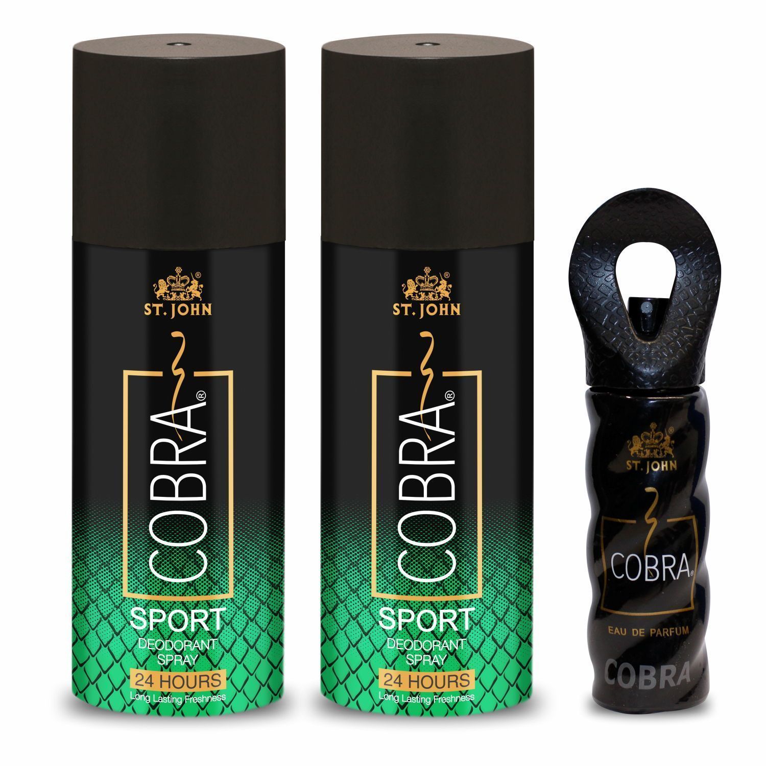 ST-JOHN Cobra Deodrant Sport (150x2) ml & Cobra Perfume (15ml) Deodorant Spray - For Men & Women (315 ml, Pack of 3)