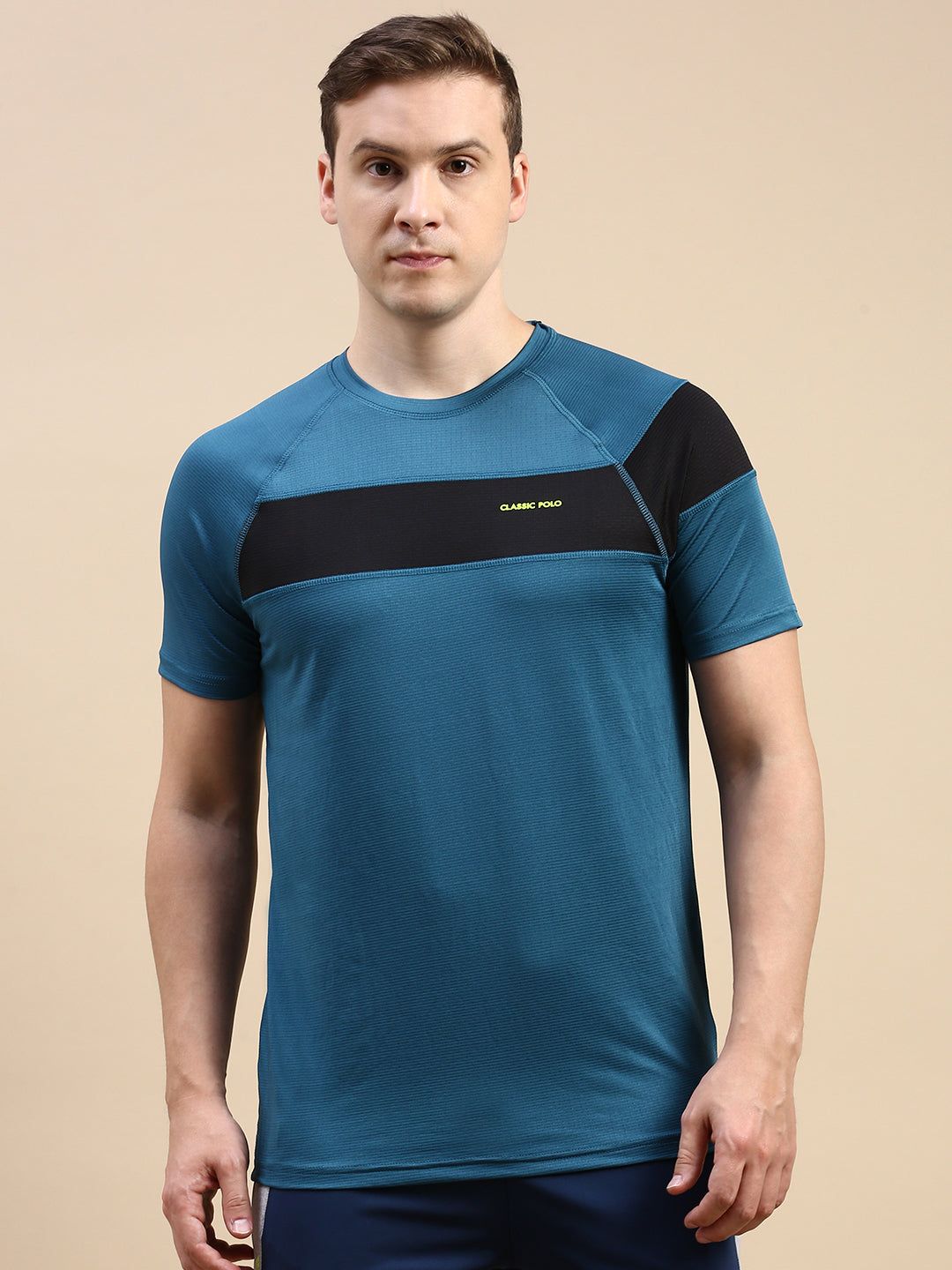 Classic Polo Men's Round Neck Polyster Teal/Black Slim Fit Active Wear T-Shirt
