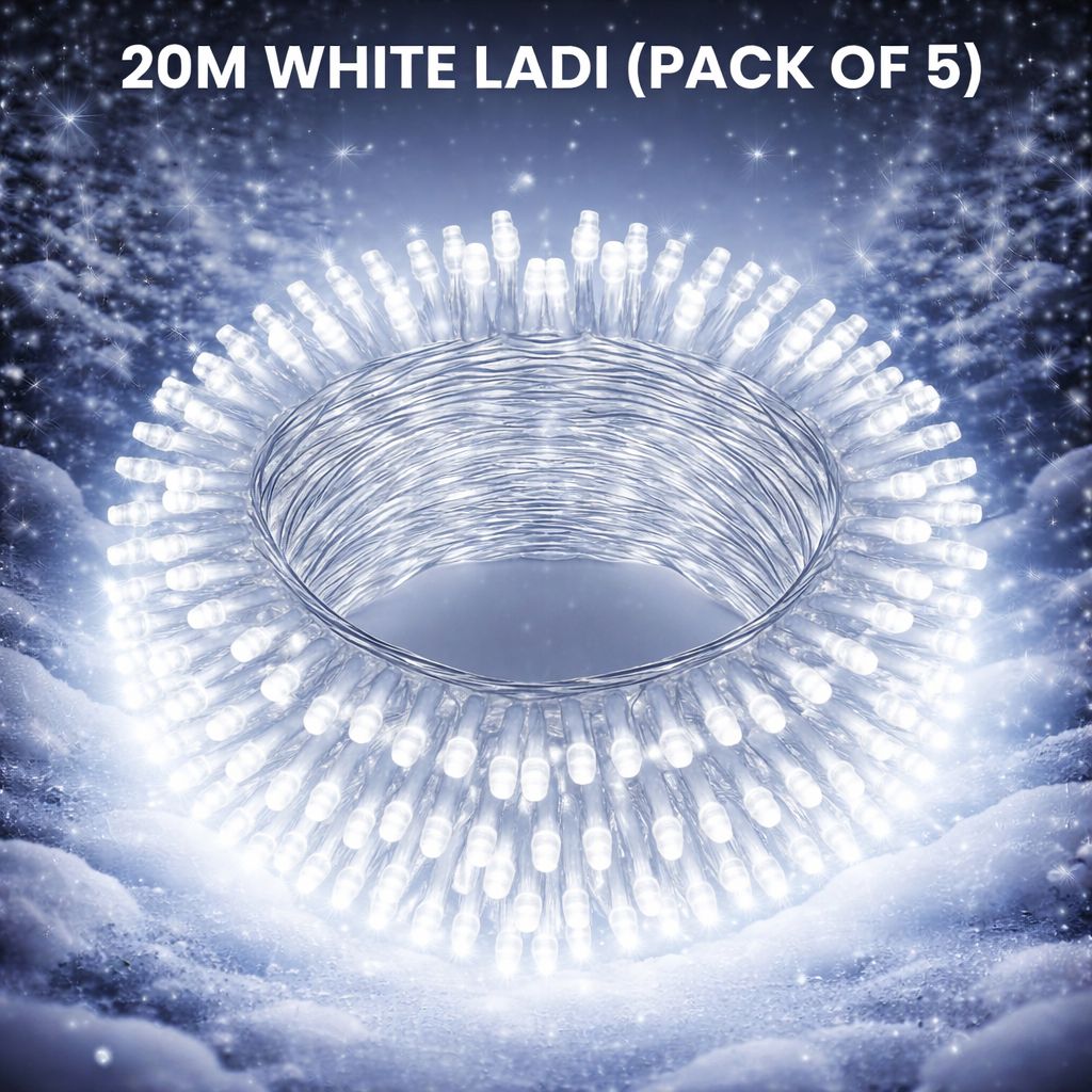 SPARKWORLD 20 Meter White LED Ladi Light (Pack of 5) | Cool White Decorative String Lights for Festivals, Weddings & Home Decor