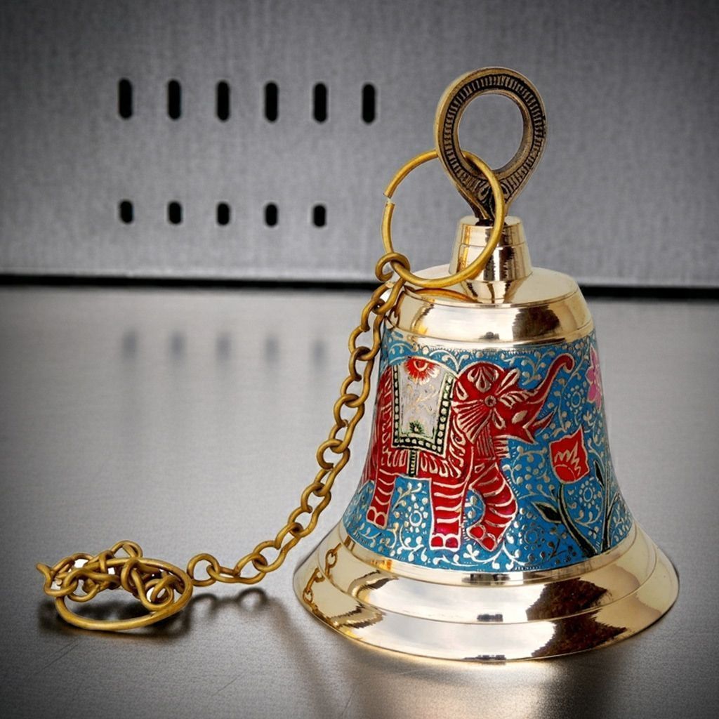 Brass Hanging Temple Pooja Bell, Bell Blue Color, Height : 7 Inch (FMAS513 B)