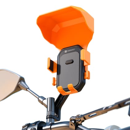 Portronics Mobike 5 Plus Mirror Mount Mobile Holder with Sunshade & Light Rain Protection, One-Press Release, 360° Rotation, 4-Point Grip Lock, Fits 5.4–6.7 Inch Smartphones, for Maps & Navigation