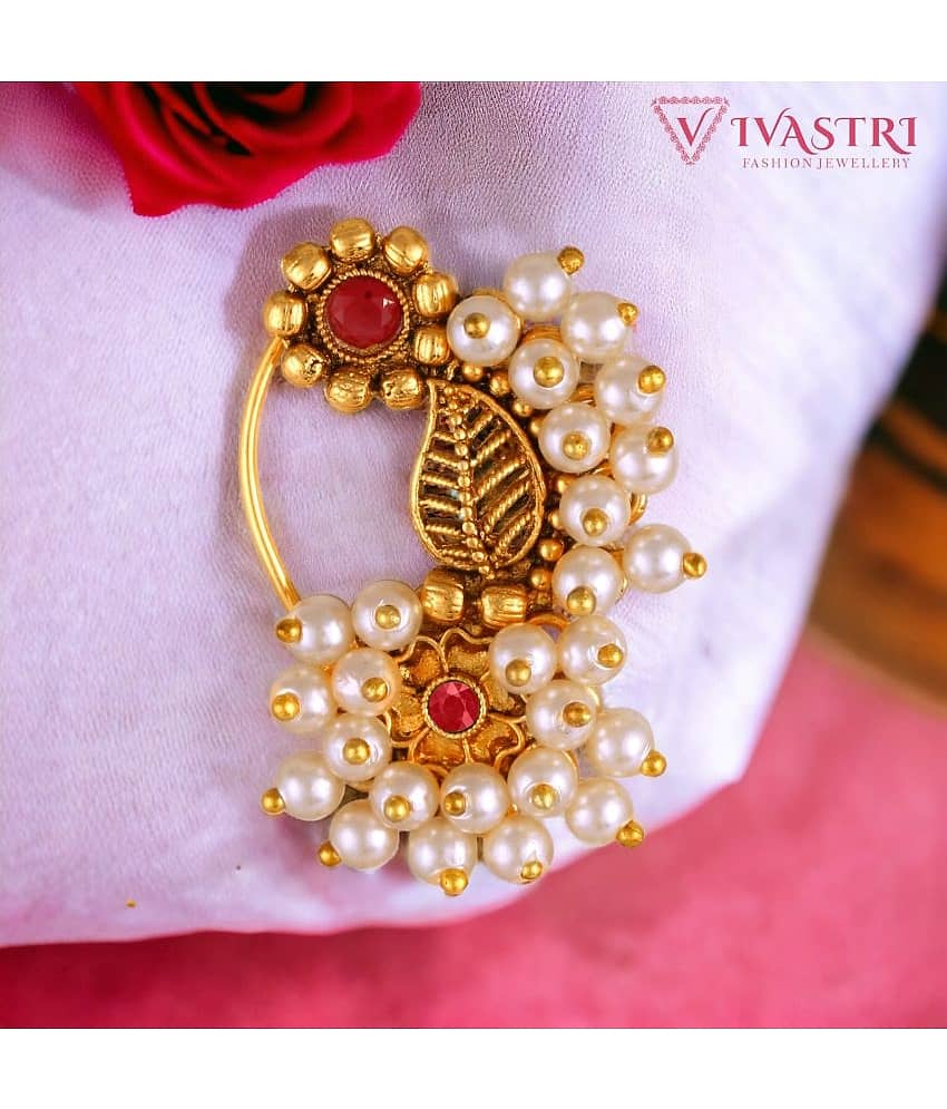 Vivastri's Premium & Elegant Peackock Style Cubic Zirconia Bead Studded Nose Rings For Women & Girls -VIVA1280NTH-PRESS-RED