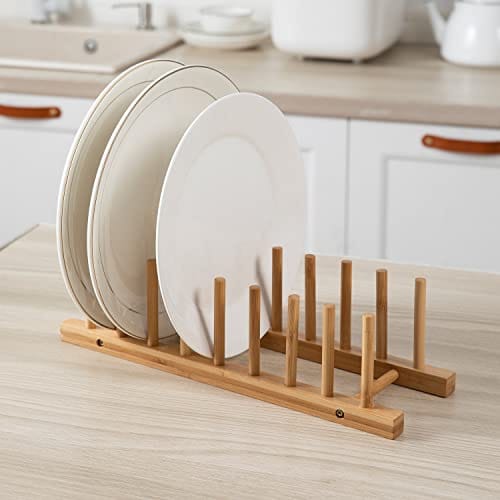 HOKIPO Bamboo Wooden Plate Stand Rack for Kitchen Cabinets Dish Stand Dinner Plate Holder, 8 Slots, 36x12x2 cm