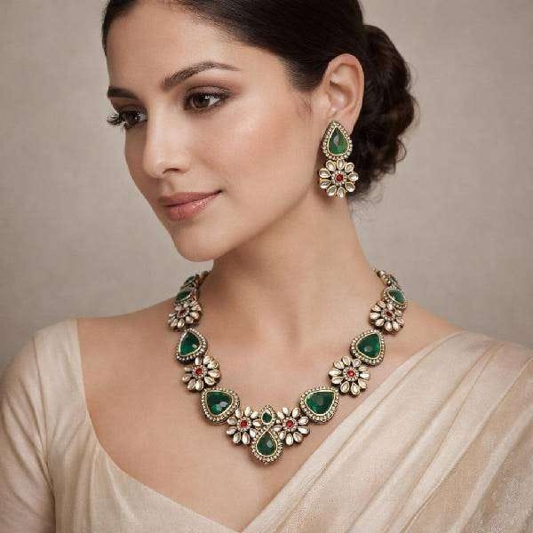 Kundan Studded Floral Cluster Necklace Set