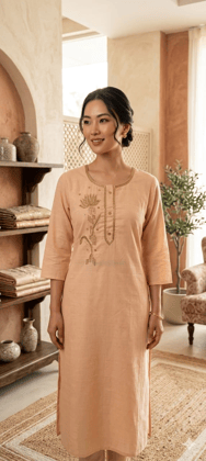 Bivabari Cotton Handloom Kurti | Peach | Large | Hand Embroidery, Three-Quarter Sleeves | Ethnic Casual Bivabari Cotton Handloom Kurti | Peach | Large | Hand Embroidery, Three-Quarter Sleeves | Ethnic Casual