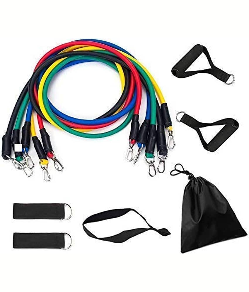 Resistance Bands 11 pcs Set, Stretching and Exercise, Toning Tube kit with Door Anchor, Foam Handles, Leg Ankle Strap and Carry Bag and Box Packaging for Men and Women Workout, Pack of 1