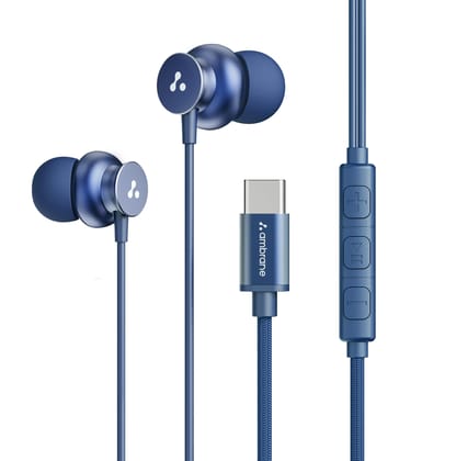 Ambrane Type C Wired in Ear Earphones with in-Line Mic for Clear Calling,1.2M Cable,10Mm Dynamic Drivers for Boostedbass,Control Buttons for iPhone 15,Samsung&Type C Devices (Stringz 38C, Blue)
