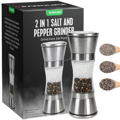 L'eanourz 2 in 1 Salt and Pepper Grinder Combo  Manual Dual Salt and Pepper Grinder in One for Kitchen Use  Stainless Steel Salt Grinder Refillable All-in-One
