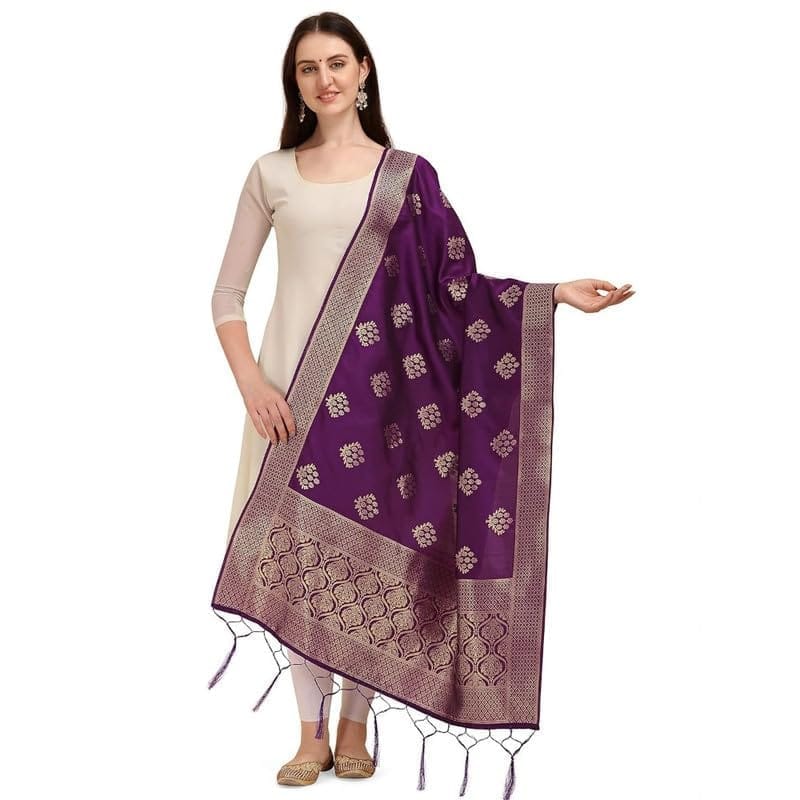 Women's Silk Pure Zari weaving Duppatta (Purple, Leangth: 2-2.3 Mtrs)-PID44907